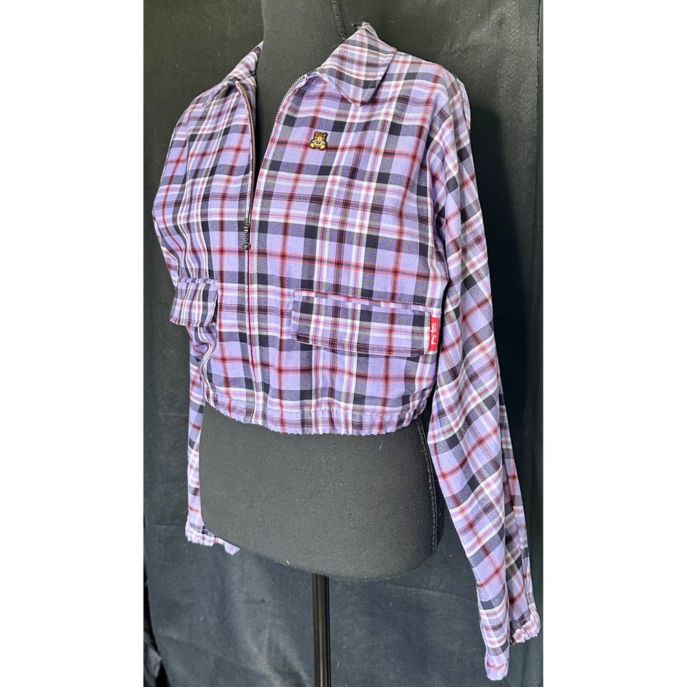 Teddy Fresh Womens Purple Plaid Cropped Zip Up Shirt Jacket Small Bear Logo